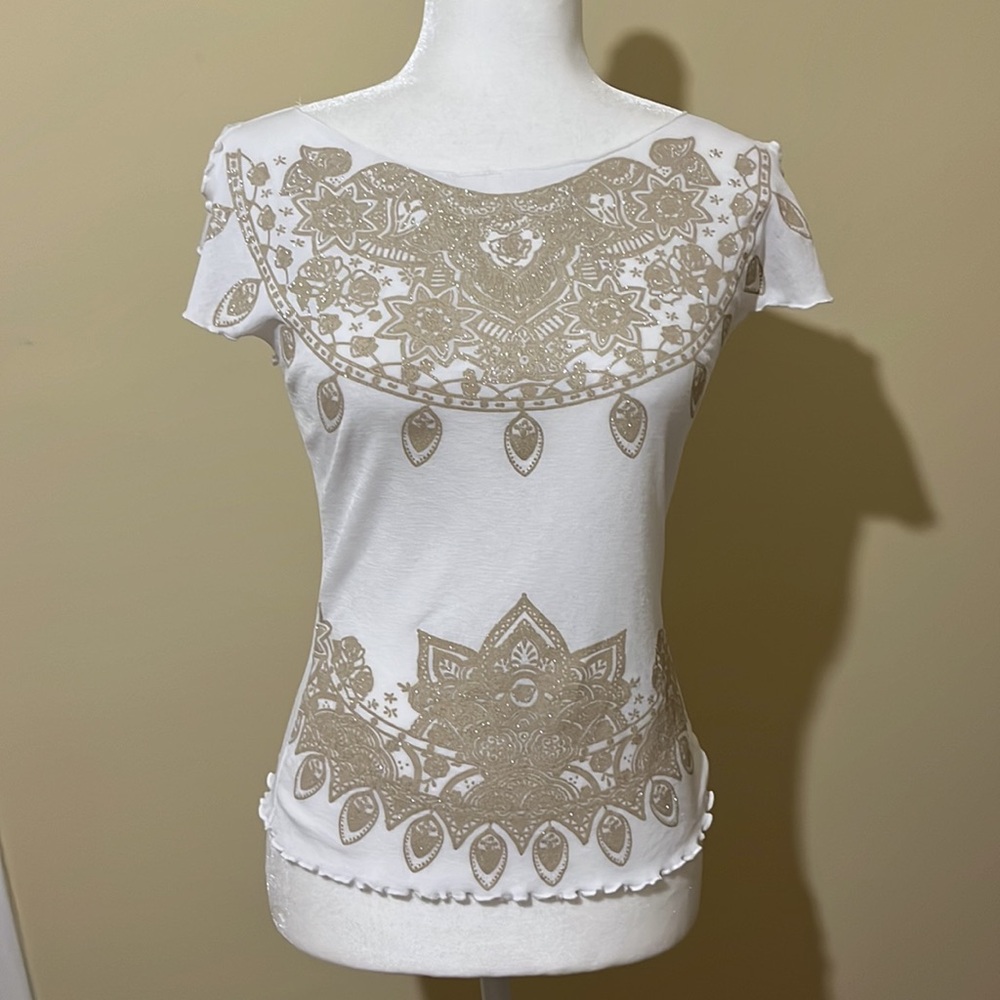 White blouse with champagne colored detailing